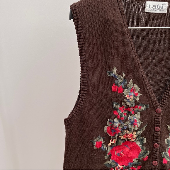 Vintage floral button up sweater vest L brown needlepoint cross stitch Tabi - Picture 4 of 8